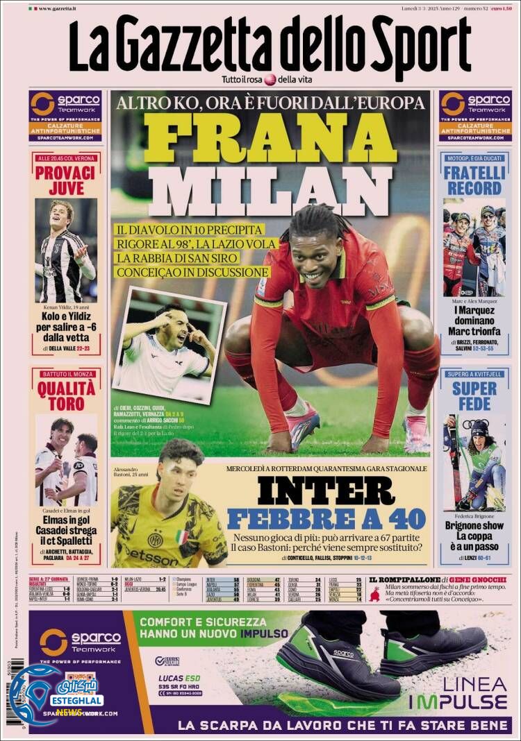 روزنامه ورزشی گاتزتا دلو اسپورت دوشنبه 13 اسفند 1403 