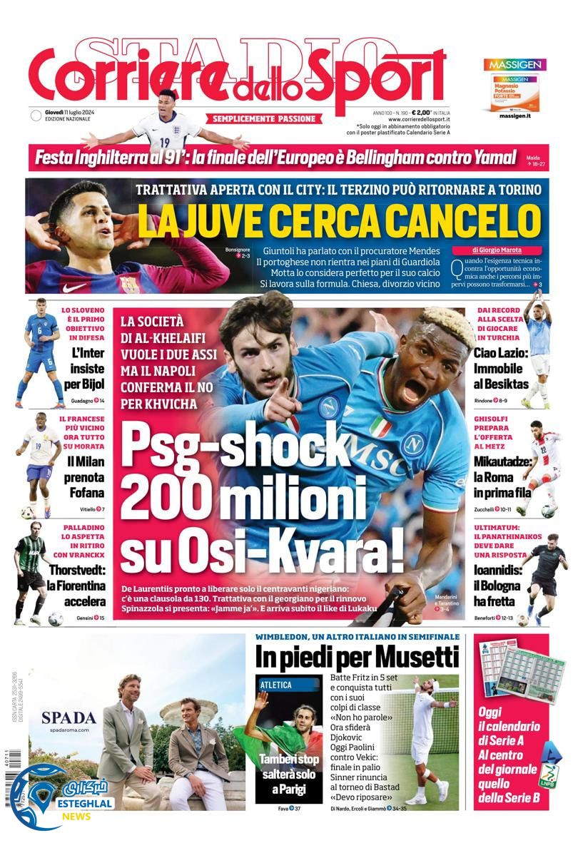 روزنامه ورزشی کوریره دلو اسپورت پنجشنبه 21 تیر 1403  