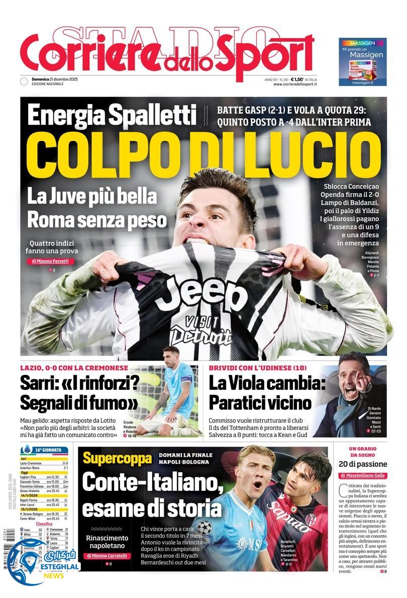 روزنامه ورزشی کوریره دلو اسپورت یکشنبه 30 آذر 1404 