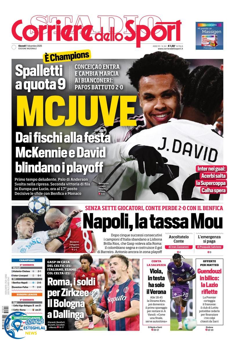 روزنامه  ورزشی کوریره دلو اسپورت پنجشنبه 20 آذر 1404 