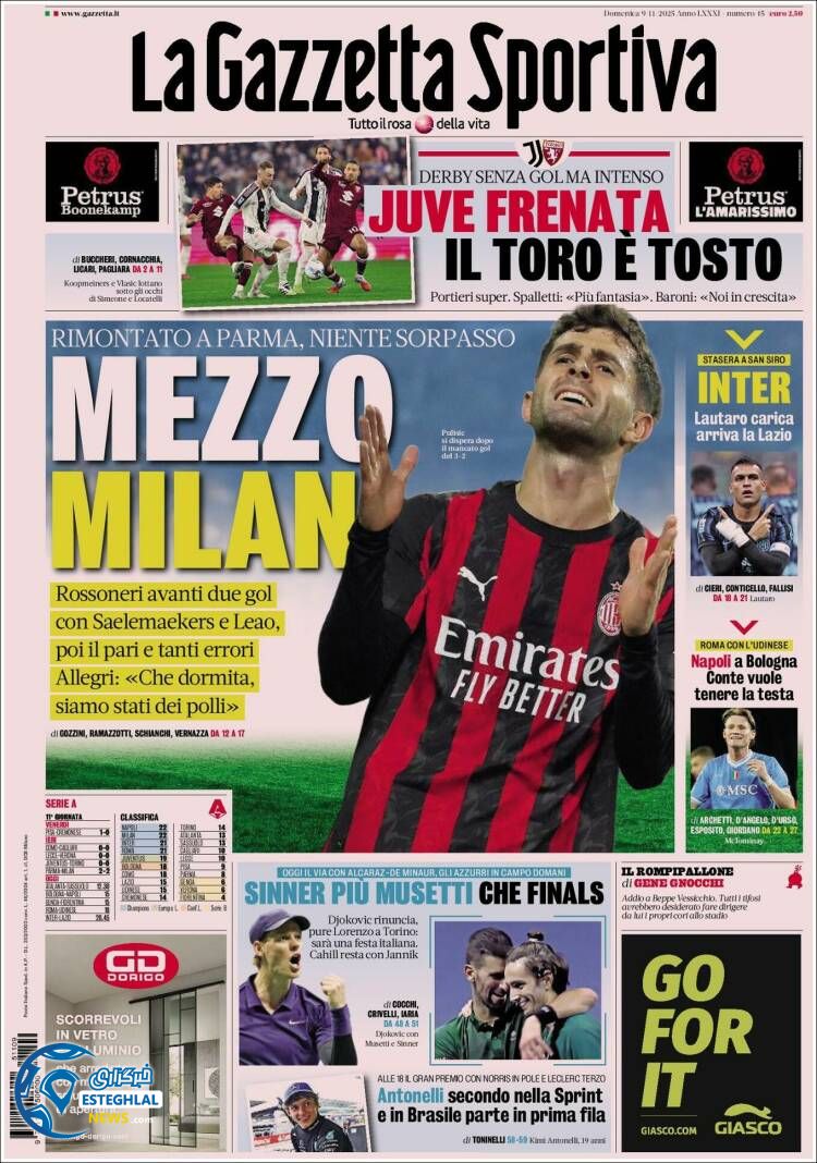 روزنامه ورزشی گاتزتا دلو اسپورت یکشنبه 18 آبان 1404 