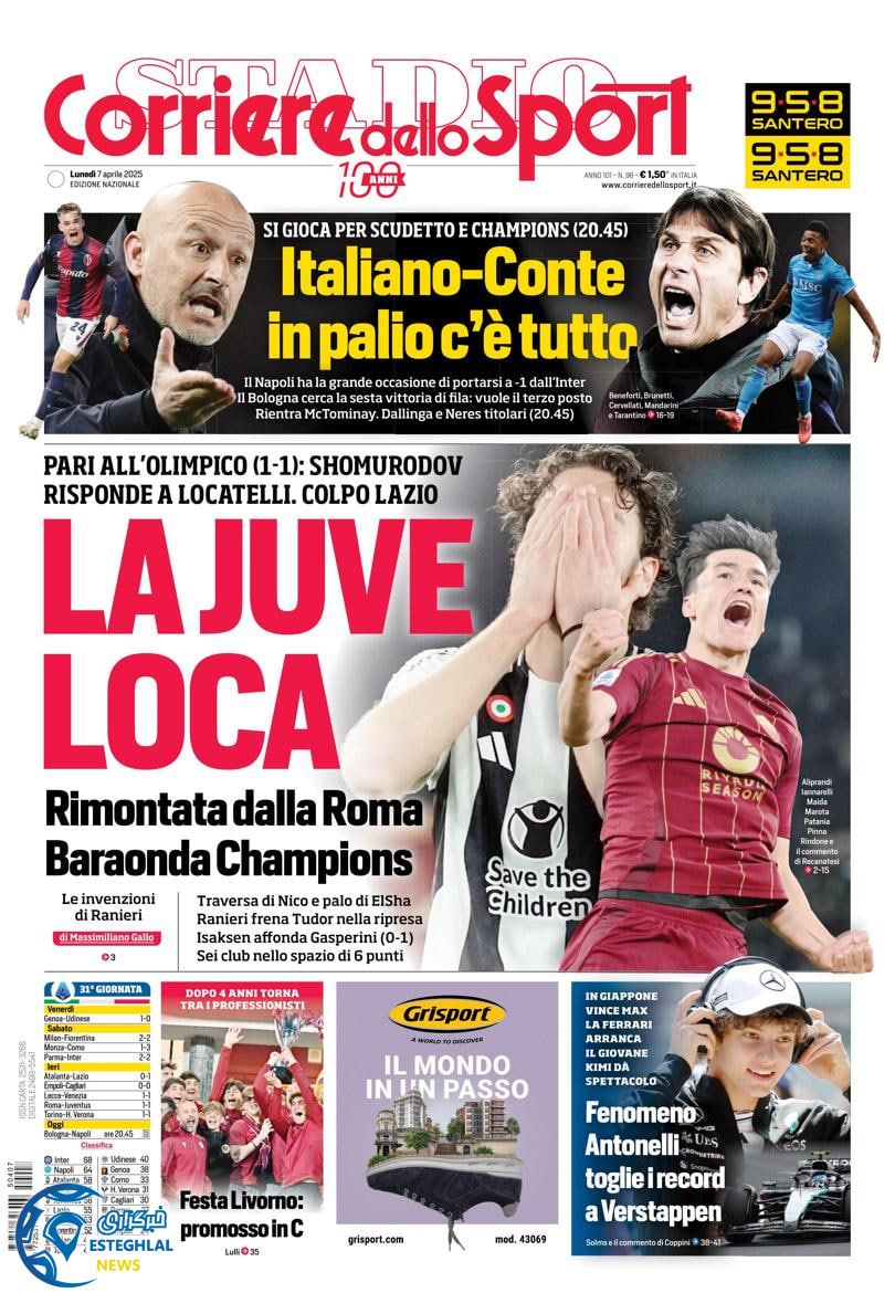 روزنامه ورزشی کوریره لو اسپورت دوشنبه 18 فروردین 1404 