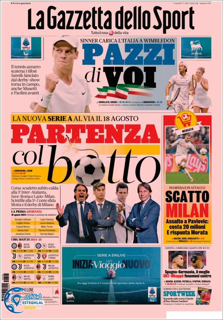 روزنامه  ورزشی گاتزتا دلو اسپورت جمعه 15 تیر 1403 