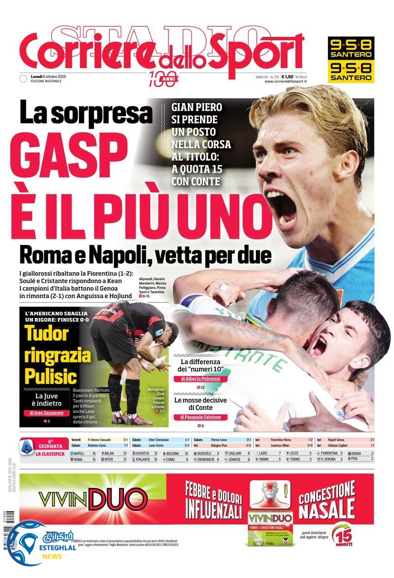 روزنامه  ورزشی کوریره دلو اسپورت دوشنبه 14 مهر 1404 