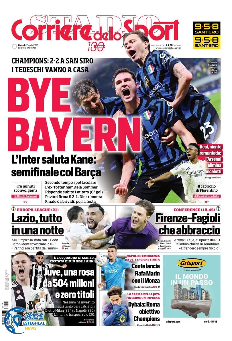 روزنامه  ورزشی کوریره دلو اسپورت پنجشنبه 28 فروردین 1404 