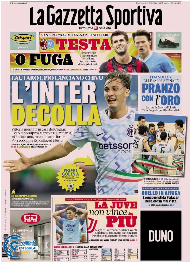 روزنامه ورزشی گاتزتا دلو اسپورت یکشنبه 6 مهر 1404 