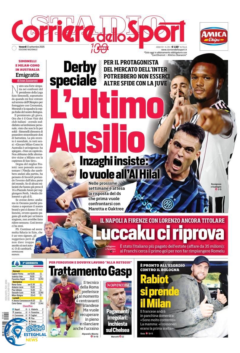 روزنامه ورزشی کوریره دلو اسپورت جمعه 21 شهریور 1404 