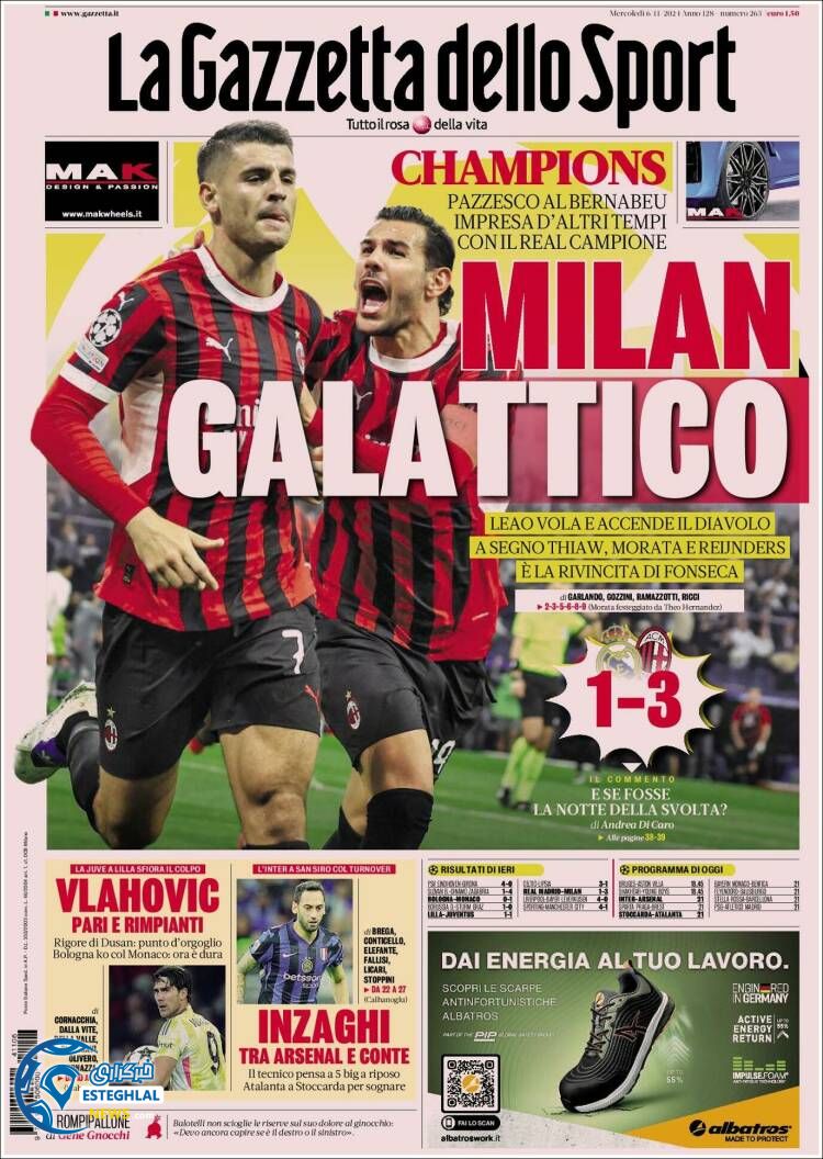 روزنامه ورزشی گاتزتا دلو  اسپورت چهارشنبه 16 آبان 1403 