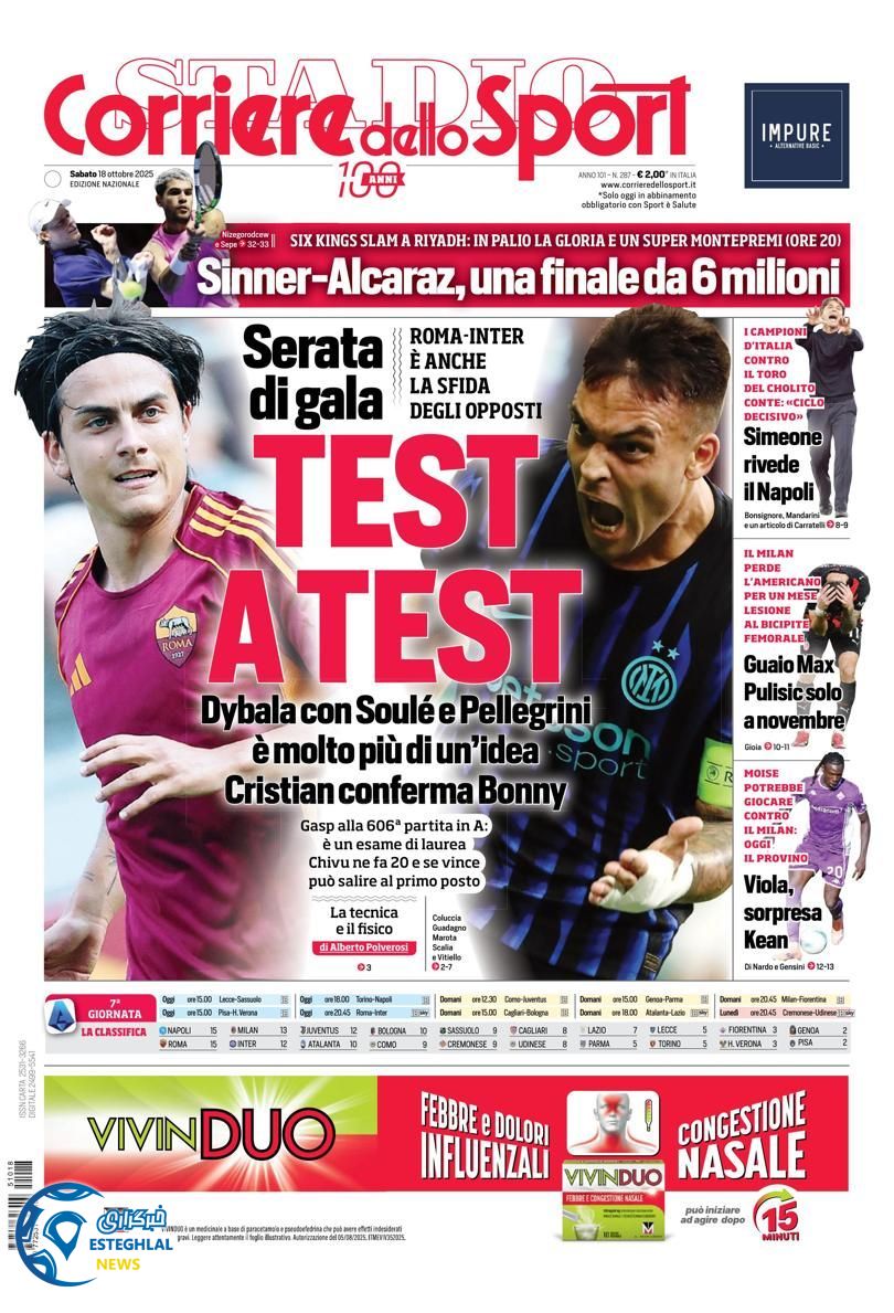 روزنامه  ورزشی کوریره دلو اسپورت شنبه 26 مهر 1404 