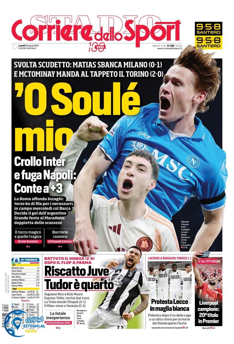 روزنامه ورزشی کوریره دلو اسپورت دوشنبه 8 اردیبهشت 1404 