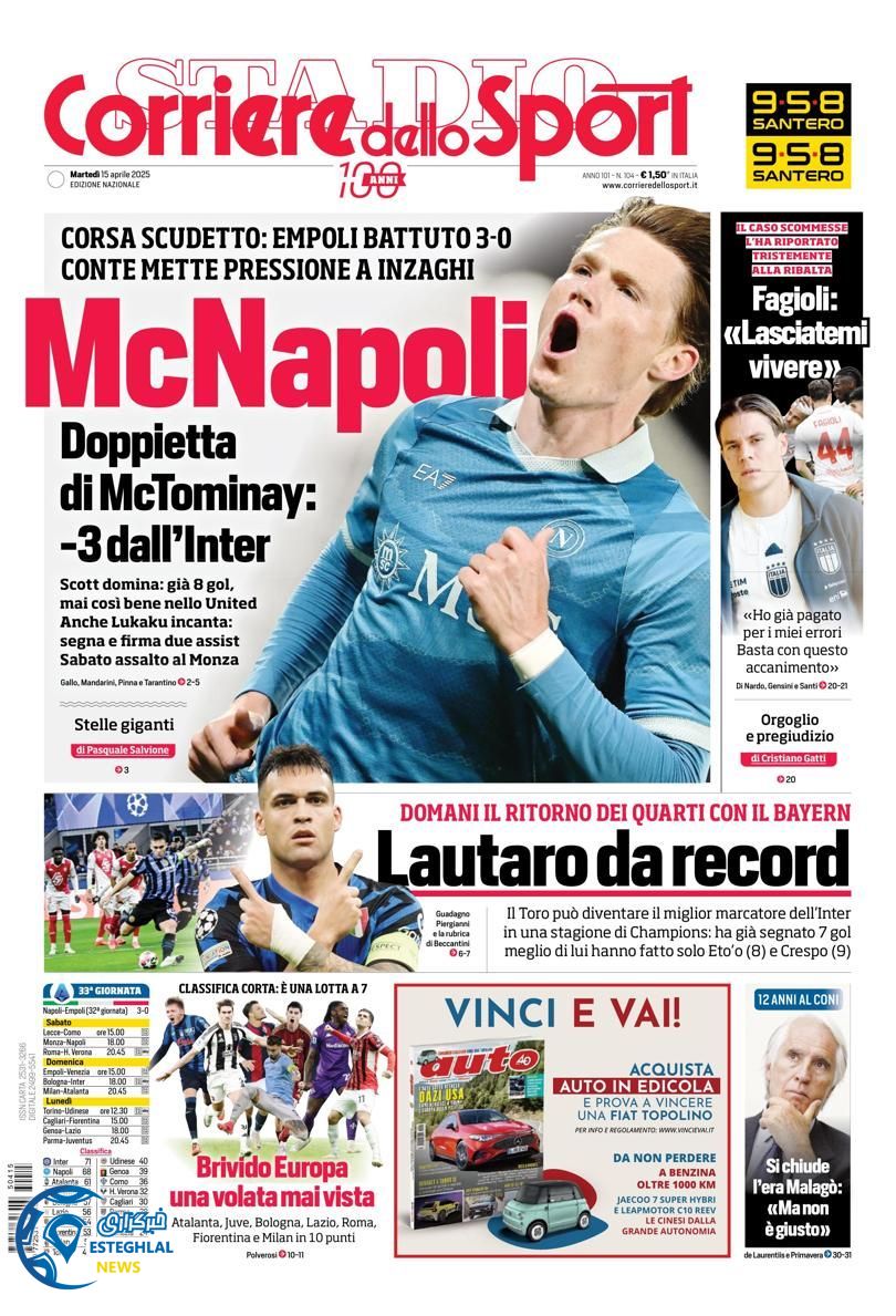 روزنامه ورزشی کوریره دلو اسپورت سه شنبه 26 فروردین 1404  