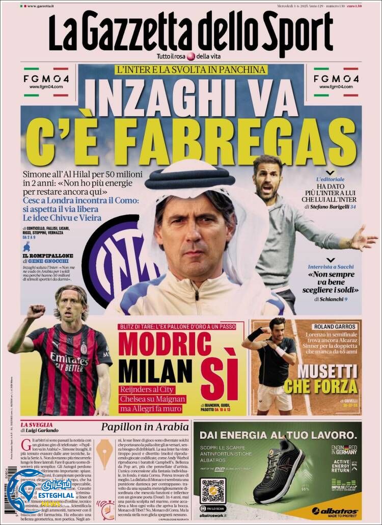 روزنامه  ورزشی گاتزتا دلو اسپورت چهارشنبه 14 خرداد 1404 