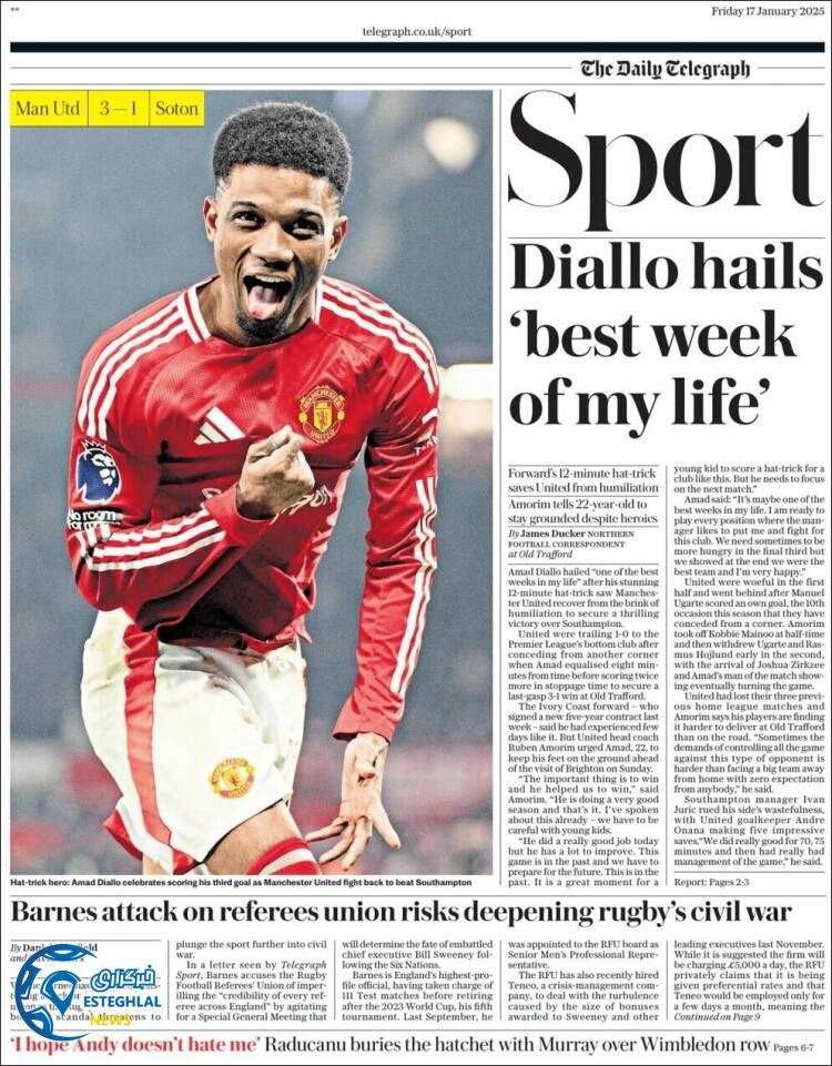 روزنامه ورزشی تلگراف اسپورت جمعه 28 دی 1403