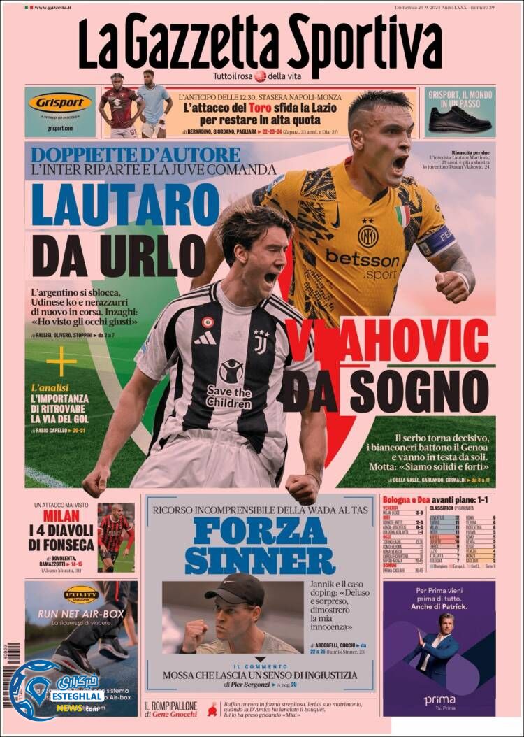 روزنامه ورزشی گاتزتا دلو اسپورت یکشنبه 8 مهر 1403 