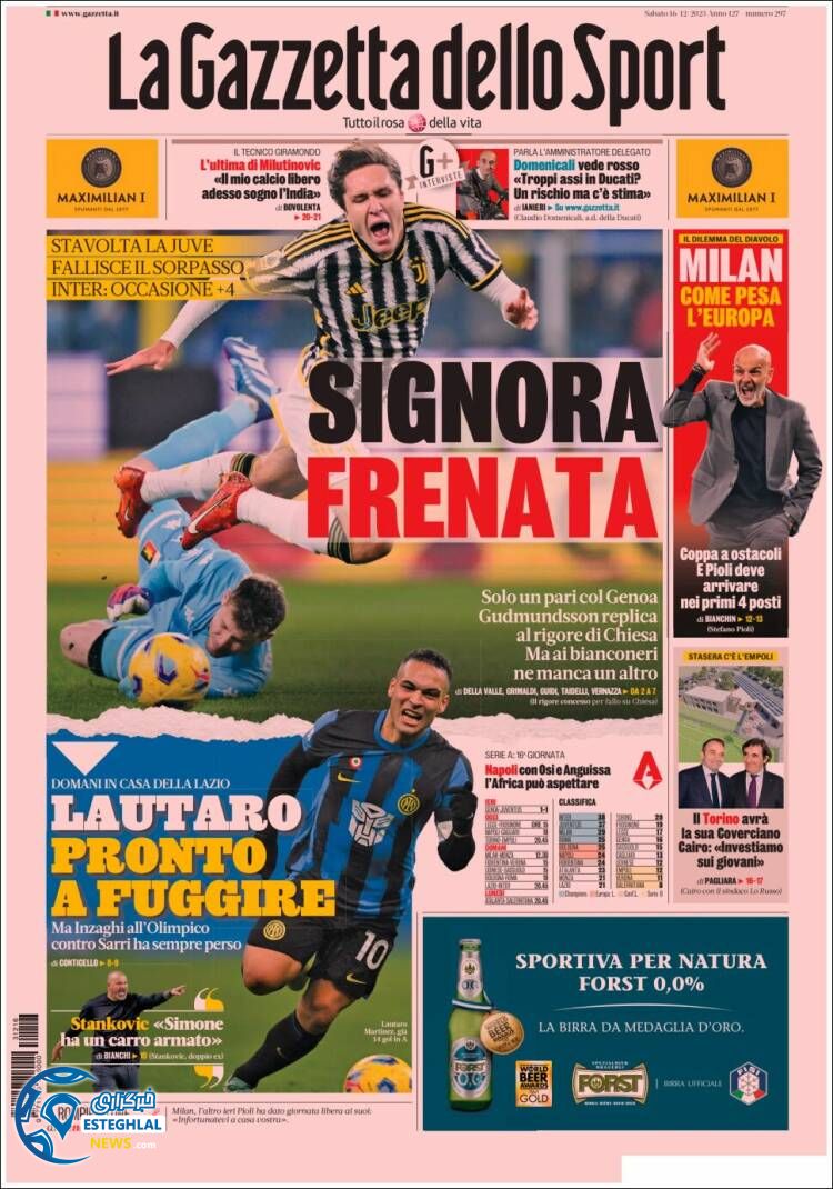 روزنامه ورزشی گاتزتا دلو اسپورت شنبه 25 آذر 1402 