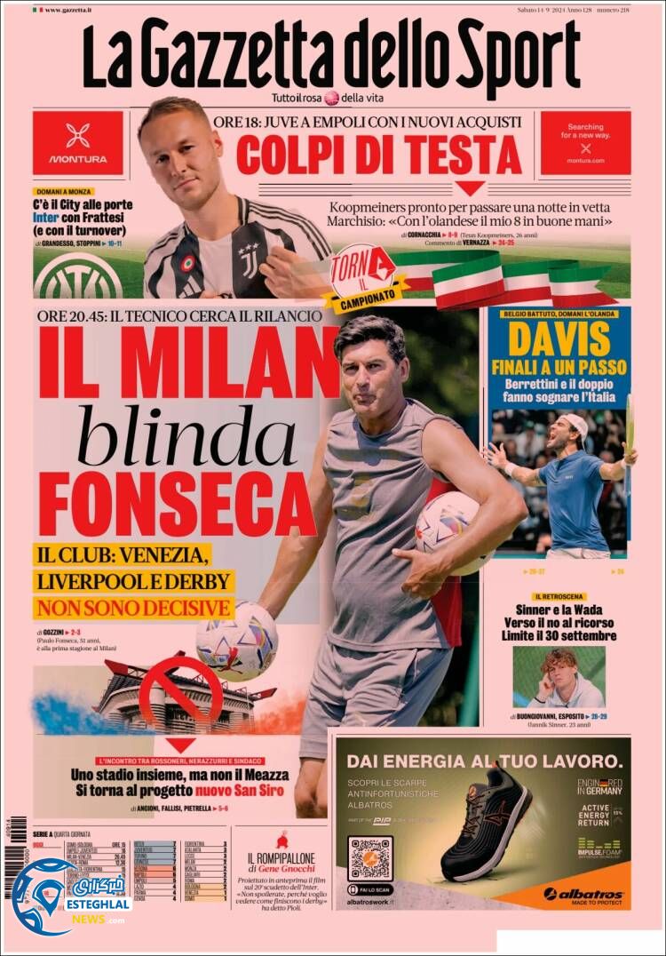 روزنامه  ورزشی گاتزتا دلو اسپورت شنبه 24 شهریور 1403