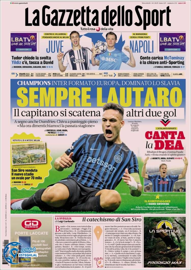 روزنامه ورزشی گاتزتا دلو اسپورت چهارشنبه 9 مهر 1404 