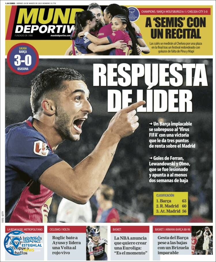 روزنامه  ورزشی موندو دپورتیوو جمعه 8 فروردین 1404 