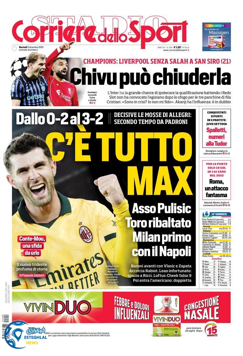 روزنامه  ورزشی کوریره دلو اسپورت سه شنبه 18 آذر 1404  