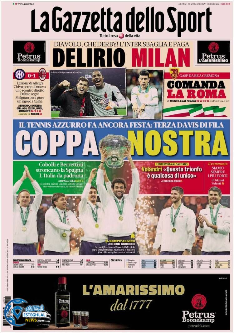 روزنامه  ورزشی گاتزتا دلو اسپورت دوشنبه 3 آذر 1404 