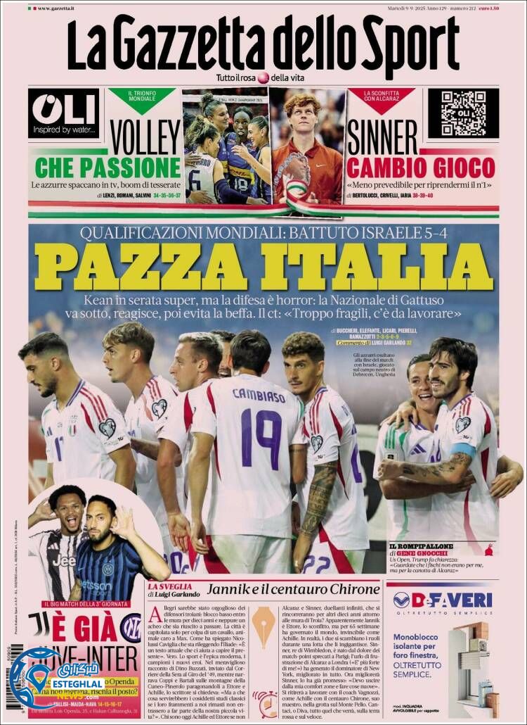 روزنامه  ورزشی گاتزتا دلو اسپورت سه شنبه 18 شهریور 1404 