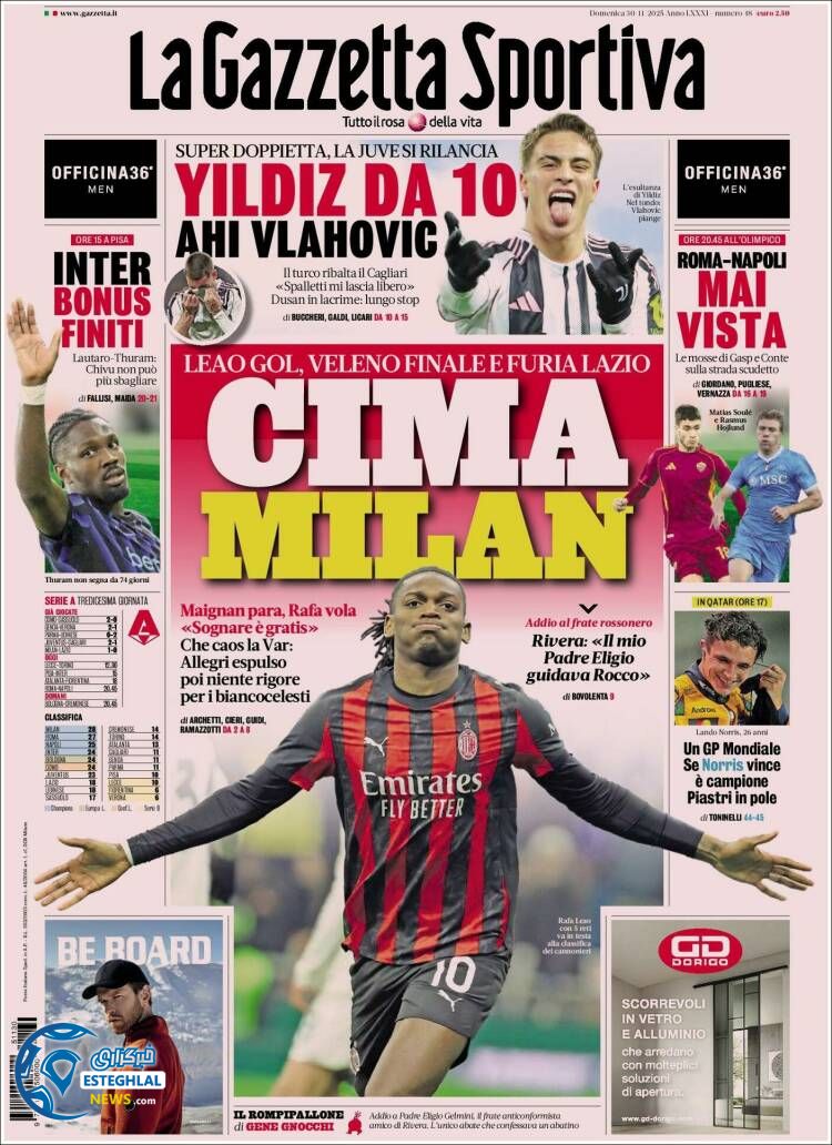 روزنامه  ورزشی گاتزتا دلو اسپورت  یکشنبه 9 آذر 1404 