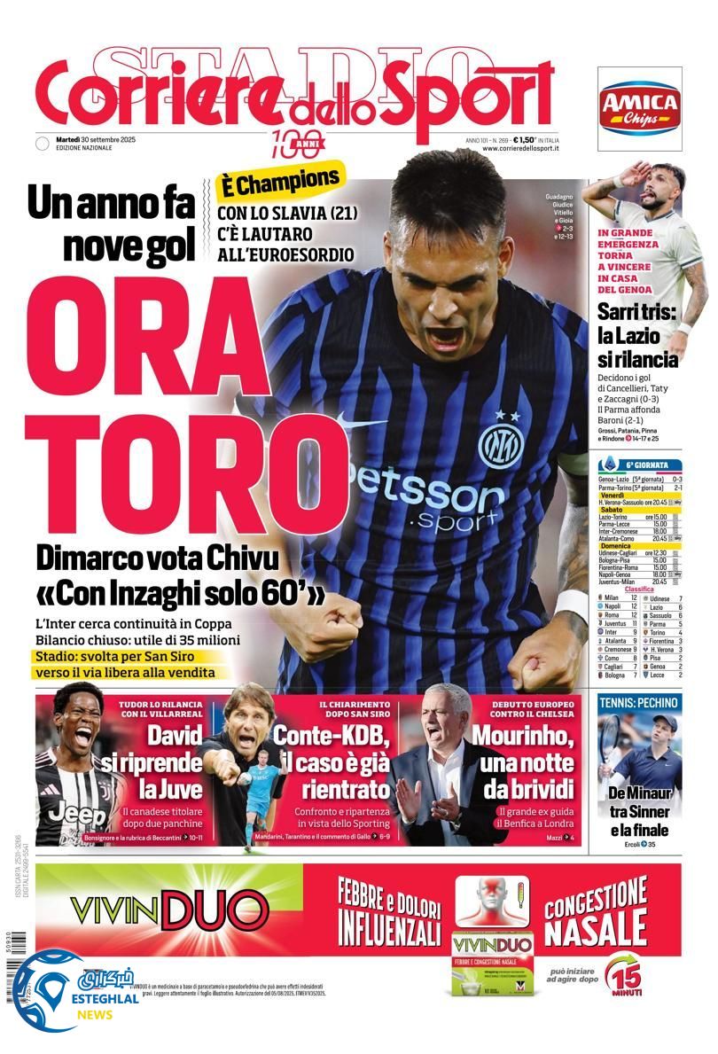 روزنامه ورزشی کوریره دلو اسپورت سه شنبه 8 مهر 1404 