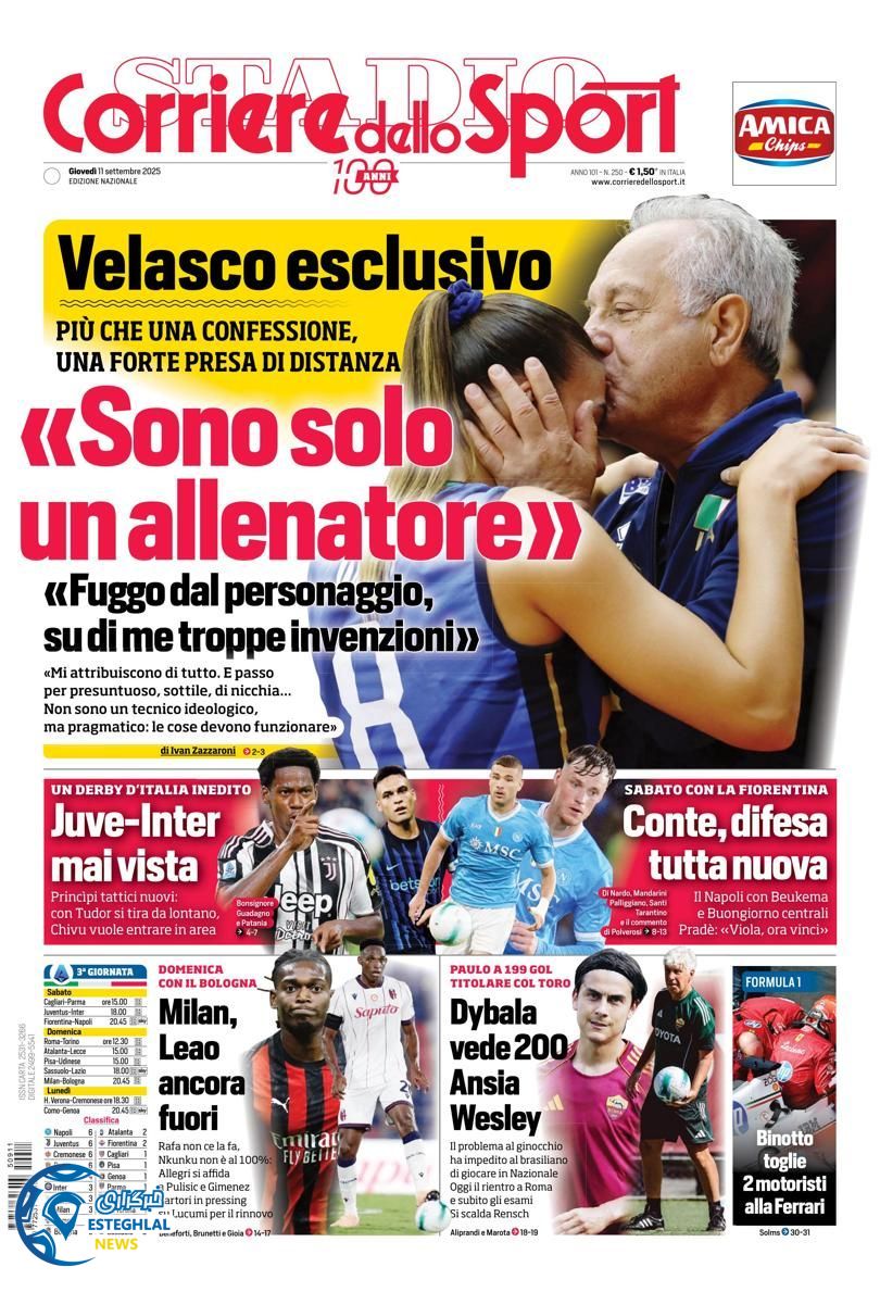 روزنامه  ورزشی کوریره دلو اسپورت پنجشنبه 20 شهریور 1404 