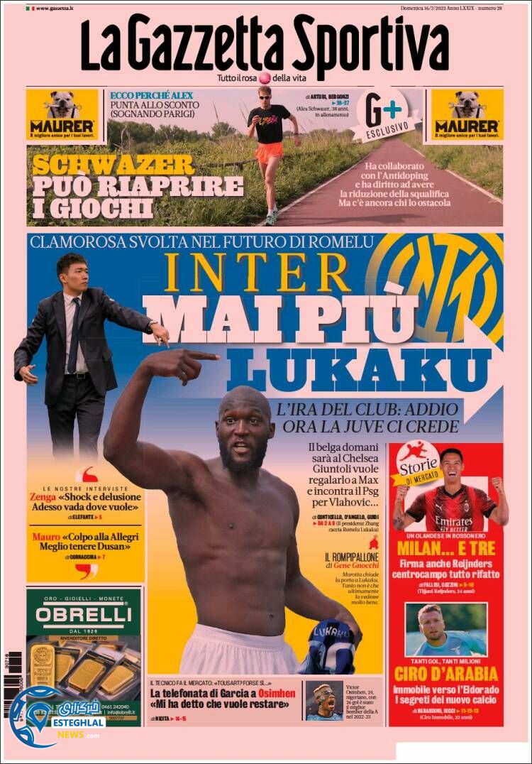 روزنامه ورزشی گاتزتا دلو اسپورت یکشنبه 25 تیر 1402 