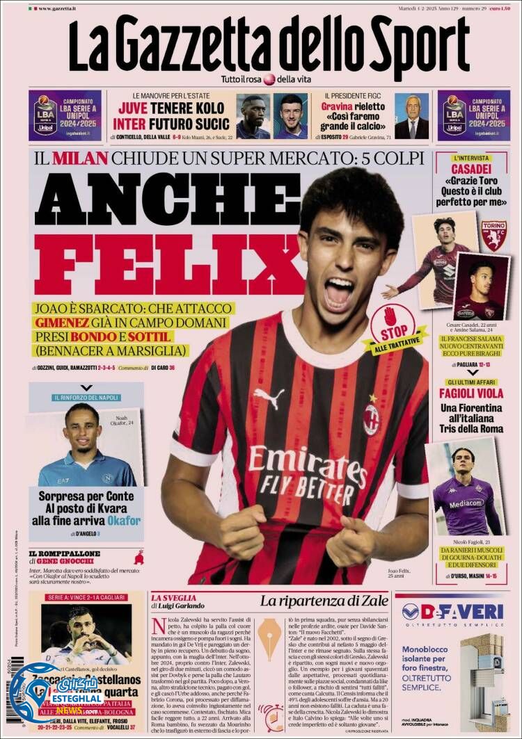 روزنامه  ورزشی گاتزتا دلو اسپورت سه شنبه 16 بهمن 1403 