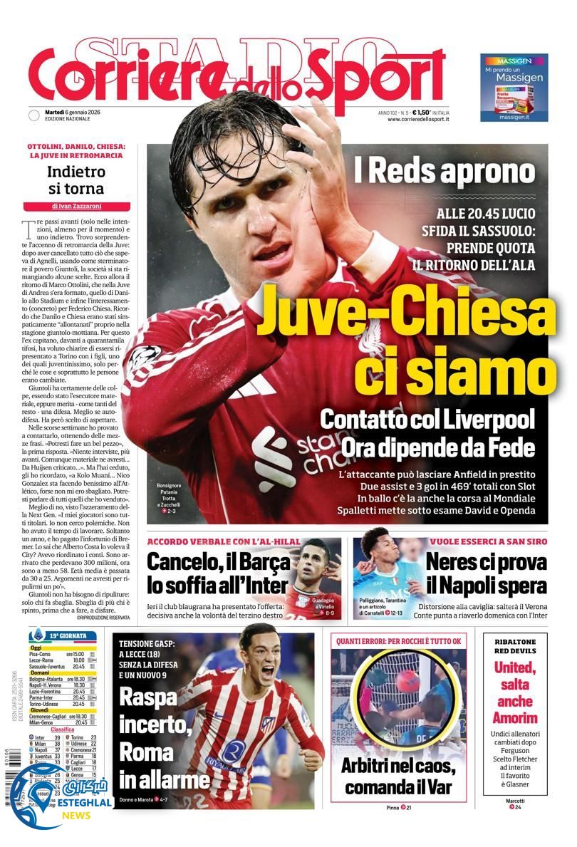 روزنامه  ورزشی کوریره دلو اسپورت سه شنبه 16 دی 1404 