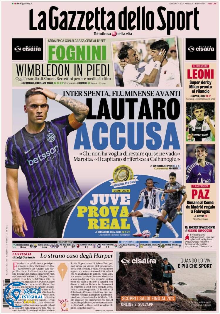 روزنامه ورزشی گاتزتا دلو اسپورت سه شنبه 10 تیر 1404  