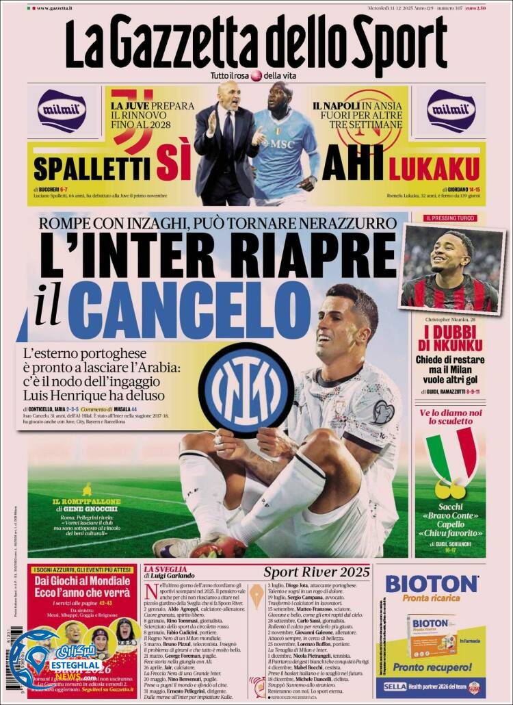 روزنامه ورزشی گاتزتا دلو اسپورت چهارشنبه 10 دی 1404 