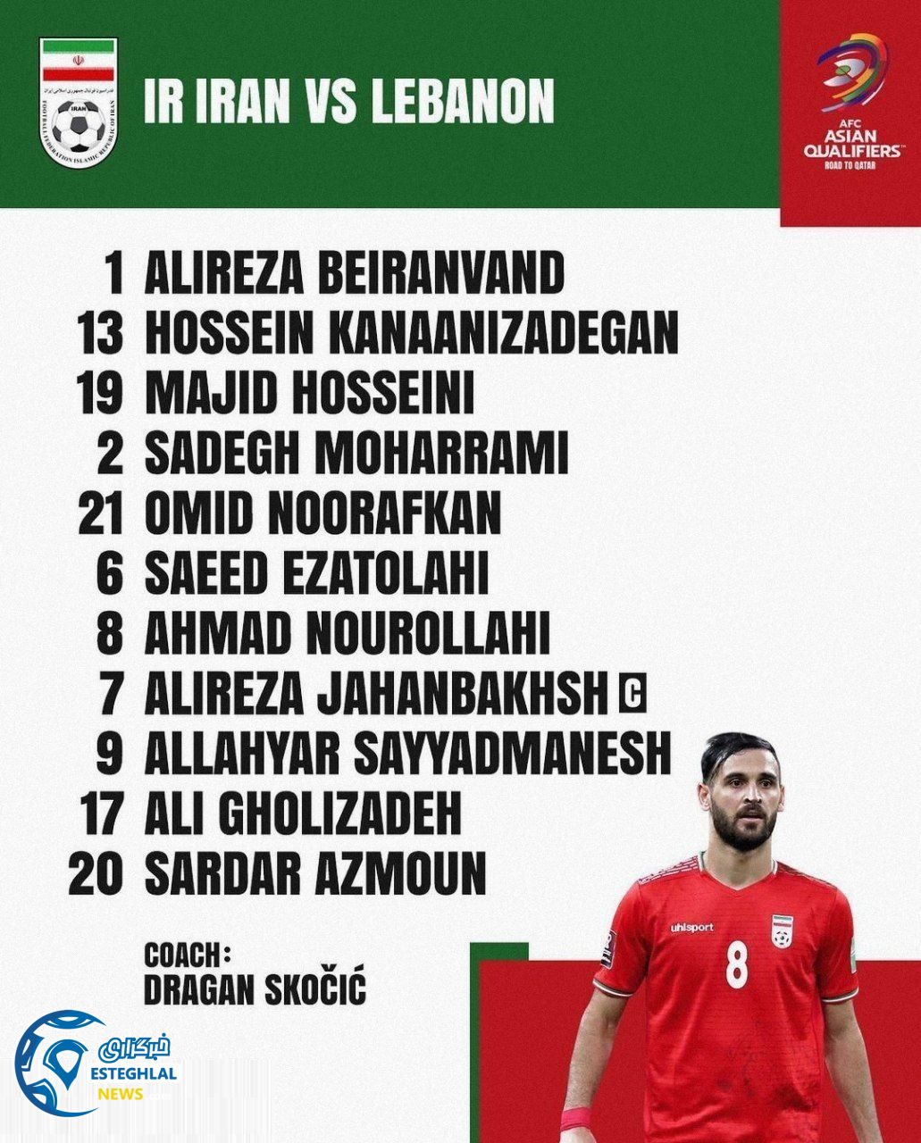 ترکیب تیم ملی ایران مقابل لبنان